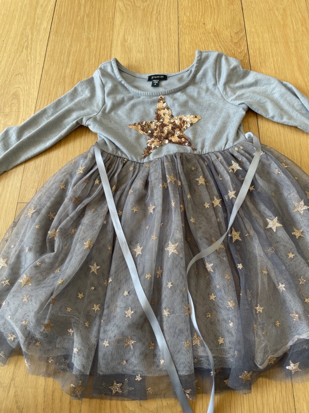Girls Long Sleeve Star Tulle Dress with Sequin Star